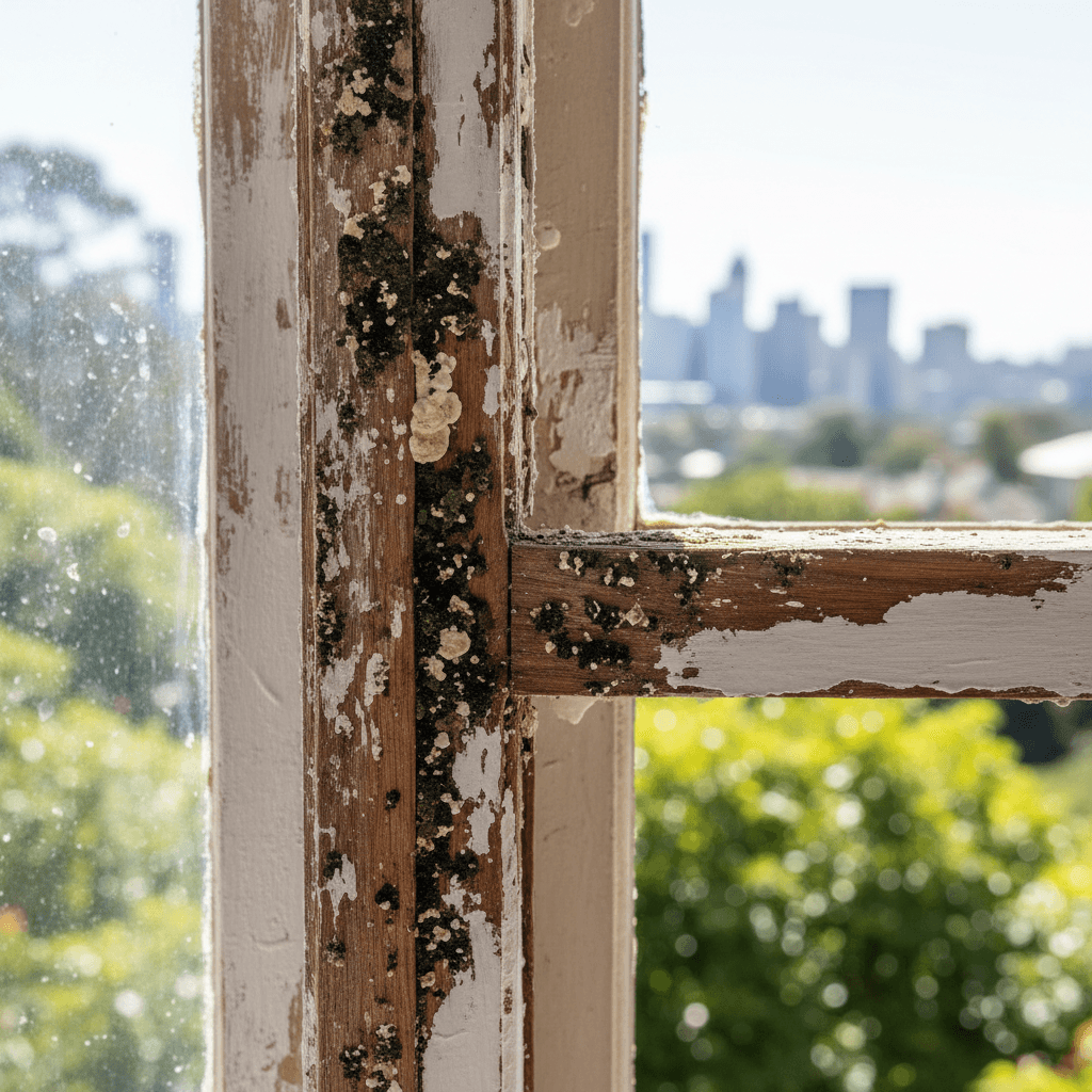 Weathered wooden window frame with peeling paint and moss growth, overlooking a distant city.