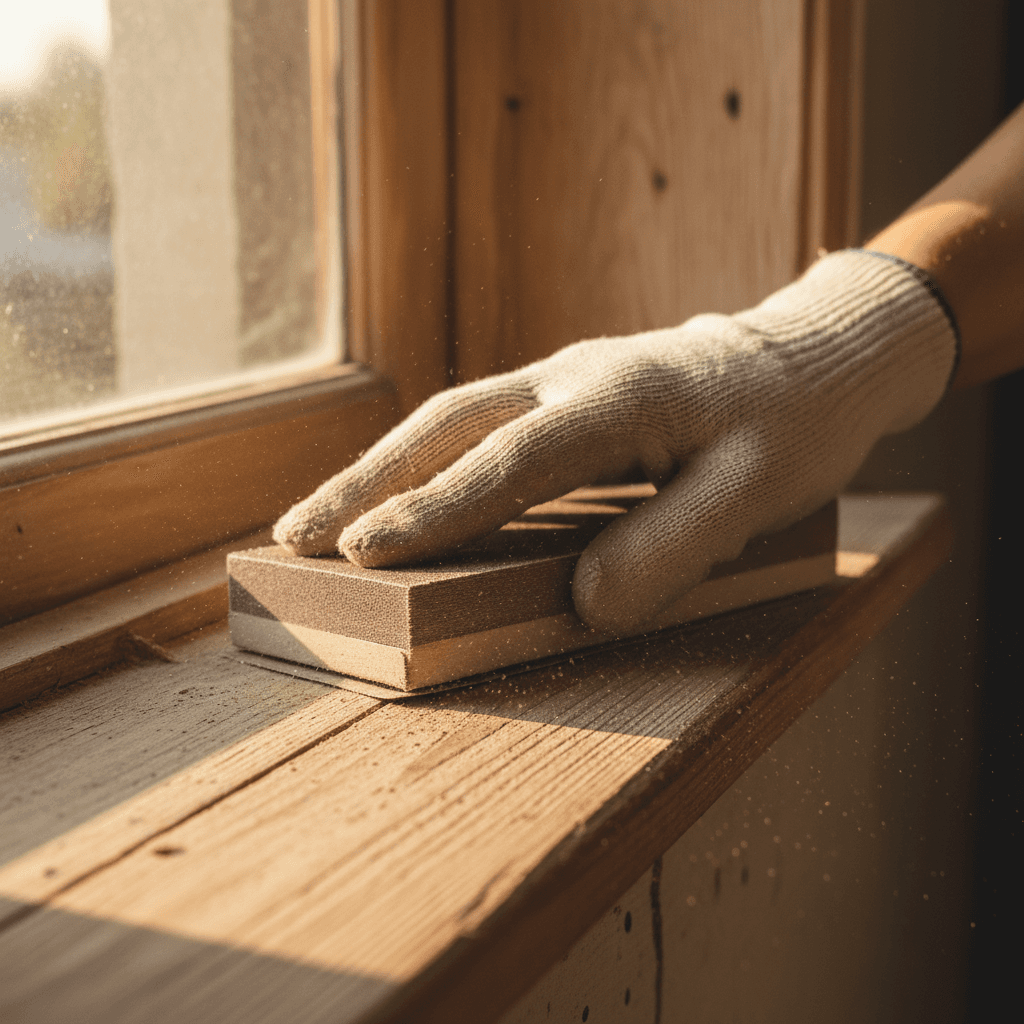Close-up of painter sanding a wooden windowsill in natural light