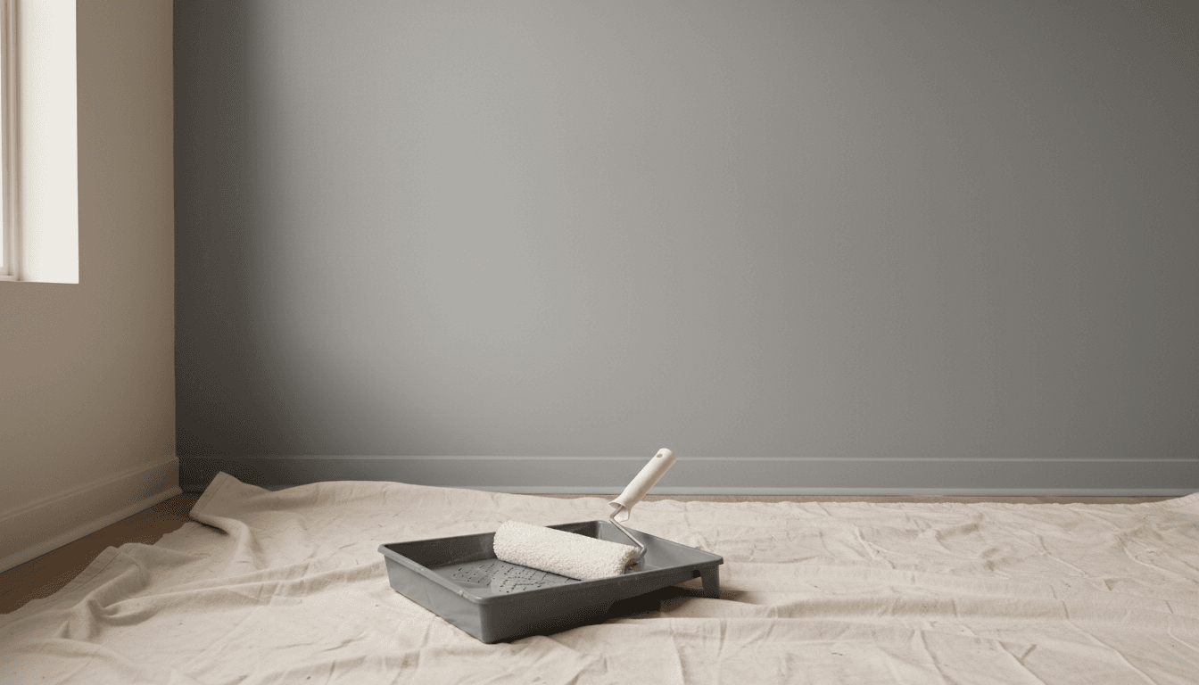 Smooth fresh paint finish on an interior wall with a paint roller on a drop cloth nearby