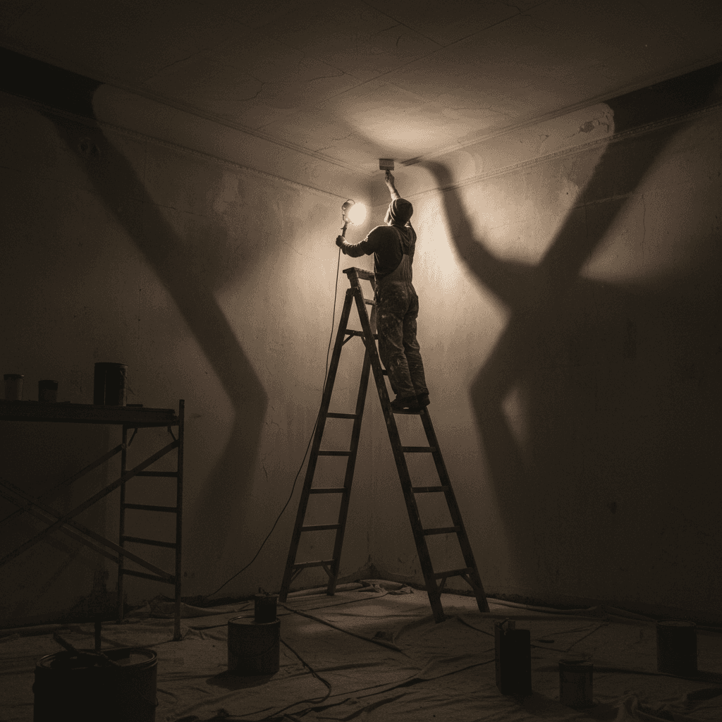 Painter on ladder applying paint to a high ceiling corner