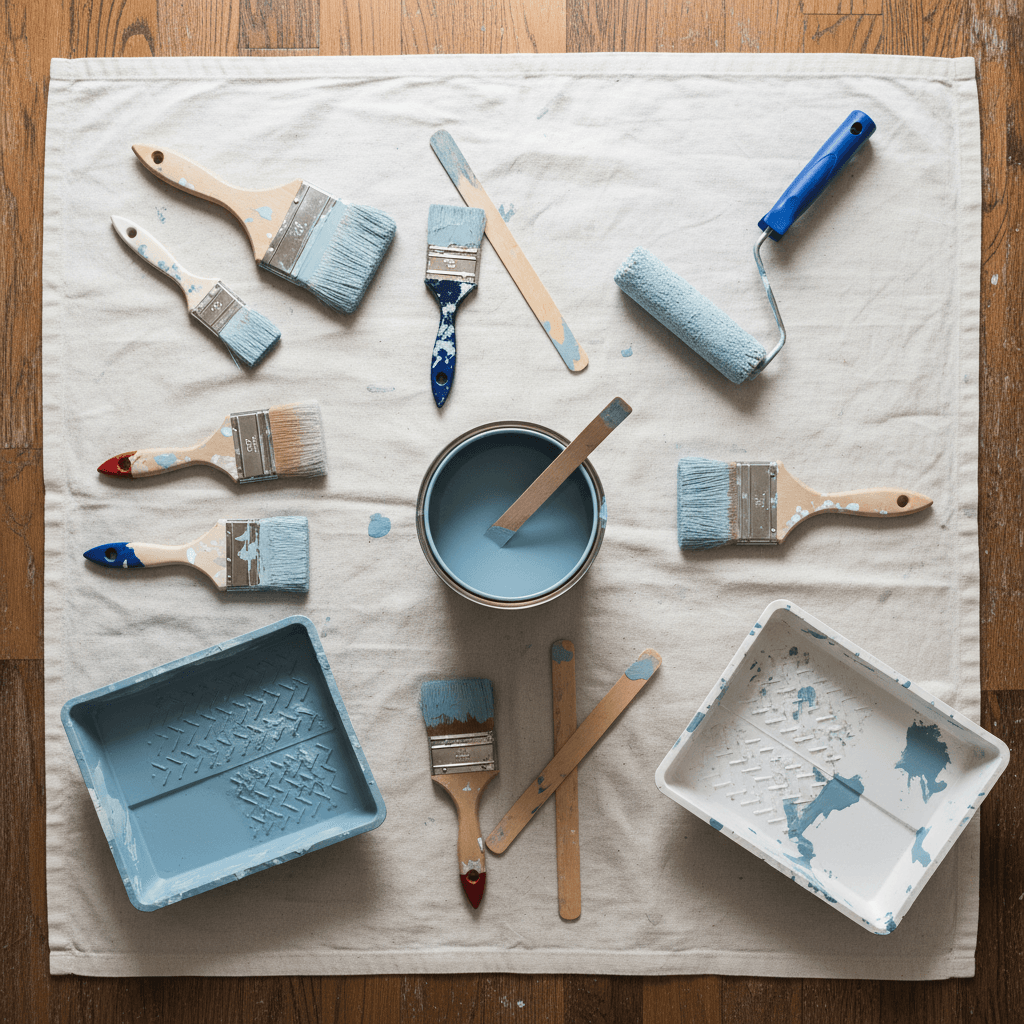Painter's tools laid out on a drop cloth mid-project