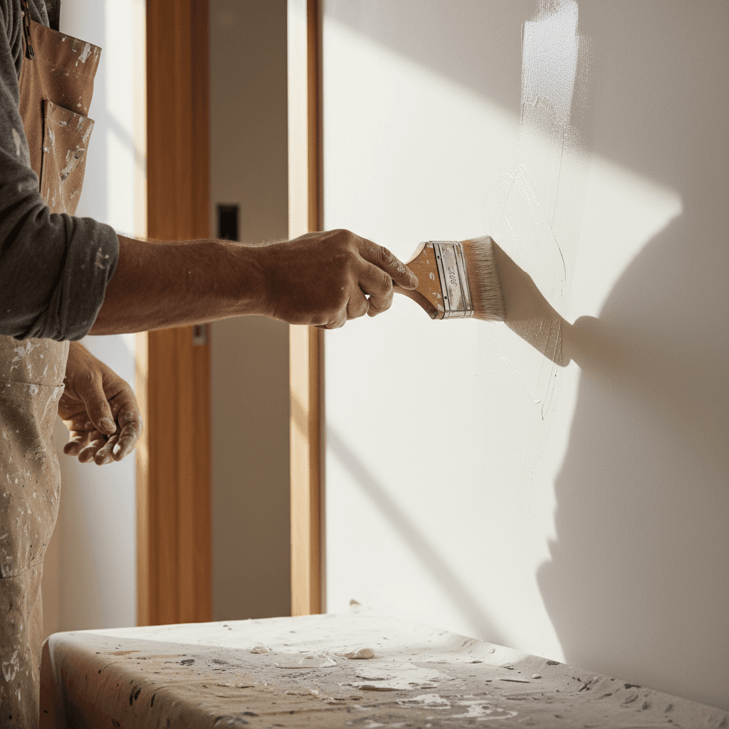 Painter in a respirator applying mould spray to a corner in a dim Sydney home, spray mist illuminated.
