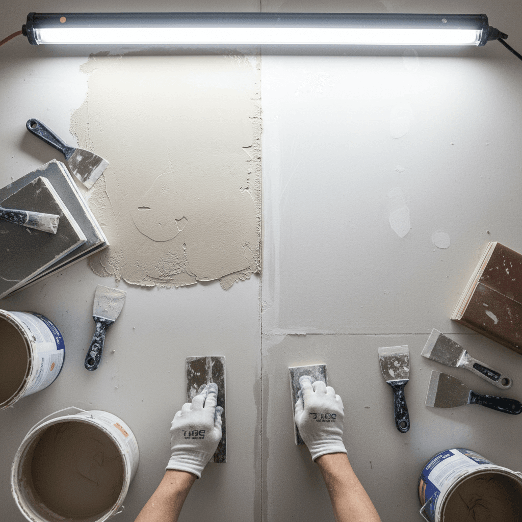Gloved hands sanding a plastered surface under bright light, surrounded by drywall finishing tools.