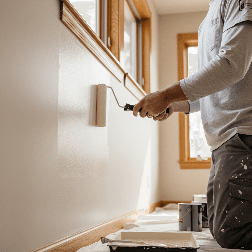 Professional painter's hands carefully rolling fresh paint onto interior living room wall with natural light
