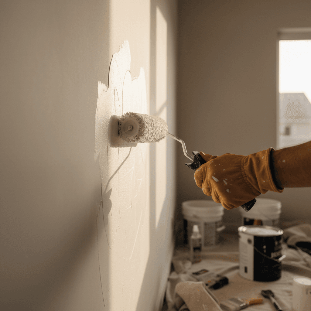 Painter preparing water-damaged wall for repair, scraper in hand, textured surface and dust visible in sunlight.