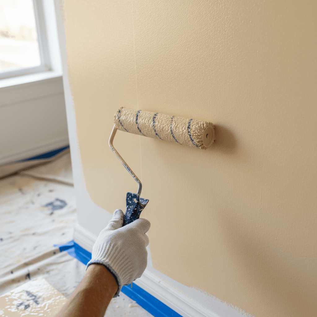 Close-up of a painter's hands holding a paint roller, paint dripping, industrial setting with natural light and shadows.