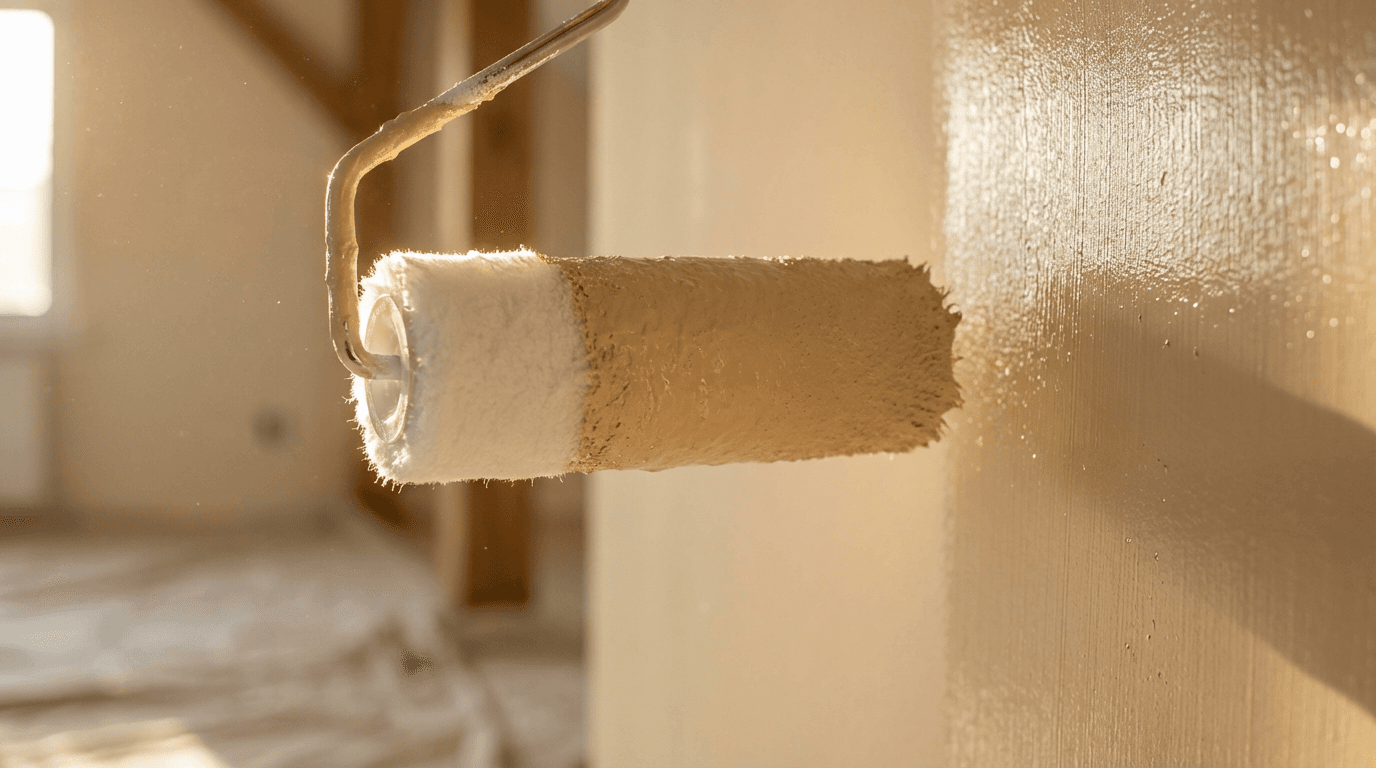 Close-up of a paint roller applying smooth paint to a wall with visible texture