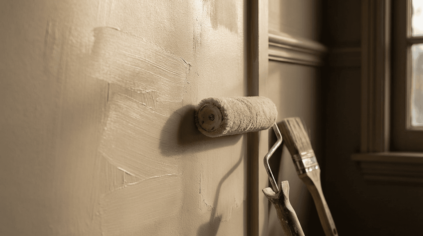 Painter's hands holding a brush and paint tray after finishing a wall in a sunlit room